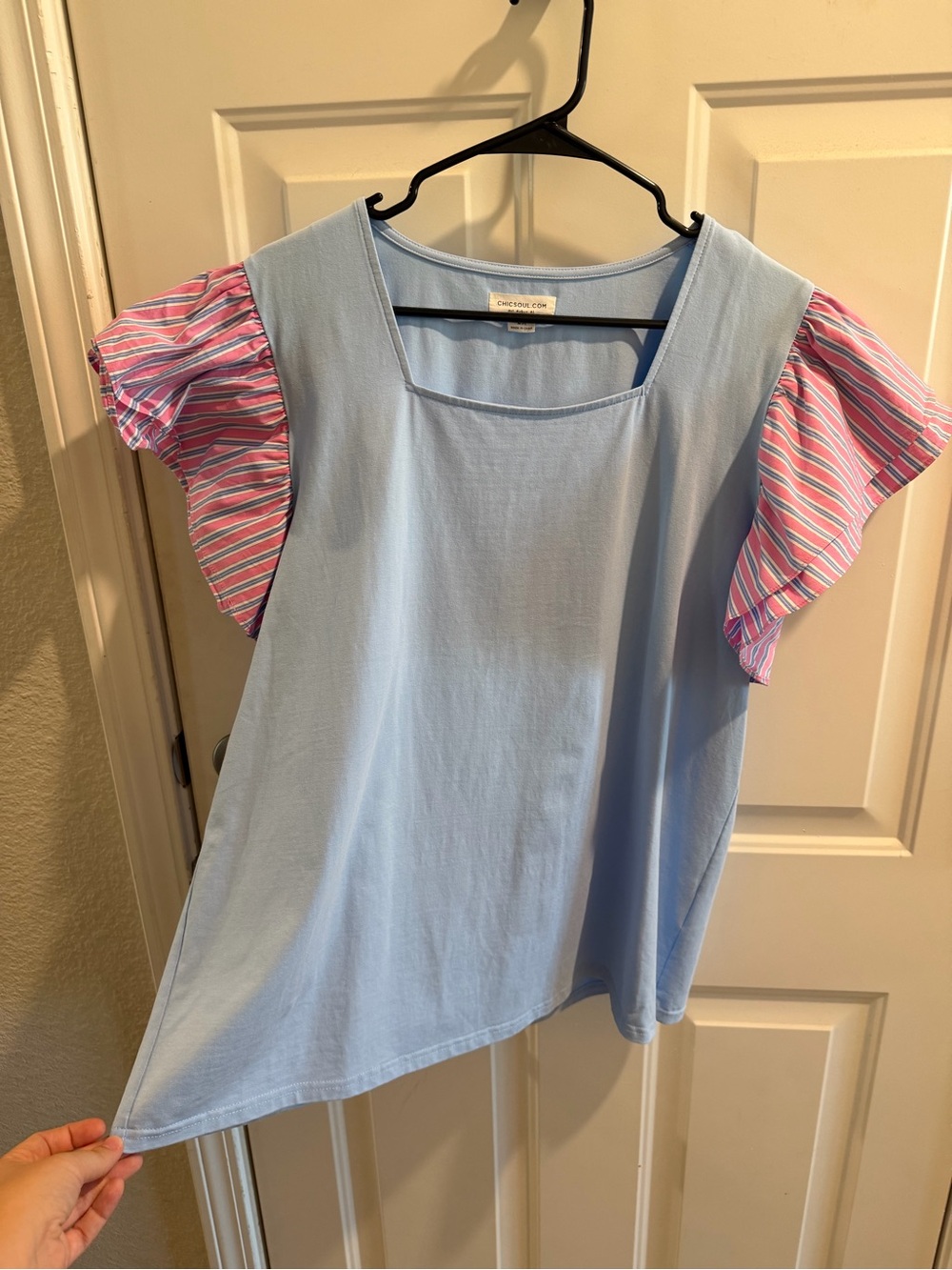 Chic Soul Light Blue Flutter Sleeve Top with Pink Stripe Accent